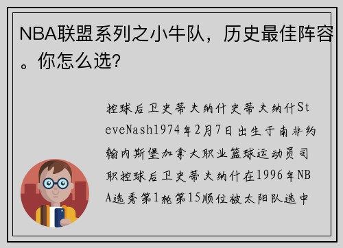 NBA联盟系列之小牛队，历史最佳阵容。你怎么选？